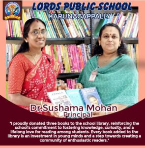 Principal donating books to the library